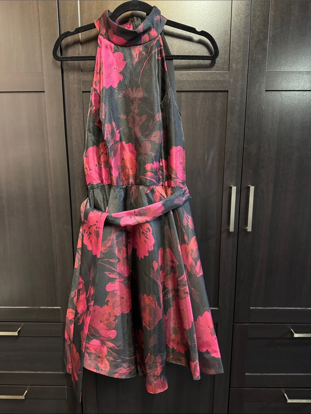 le chateau Black and Hot Pink Floral Halter Dress